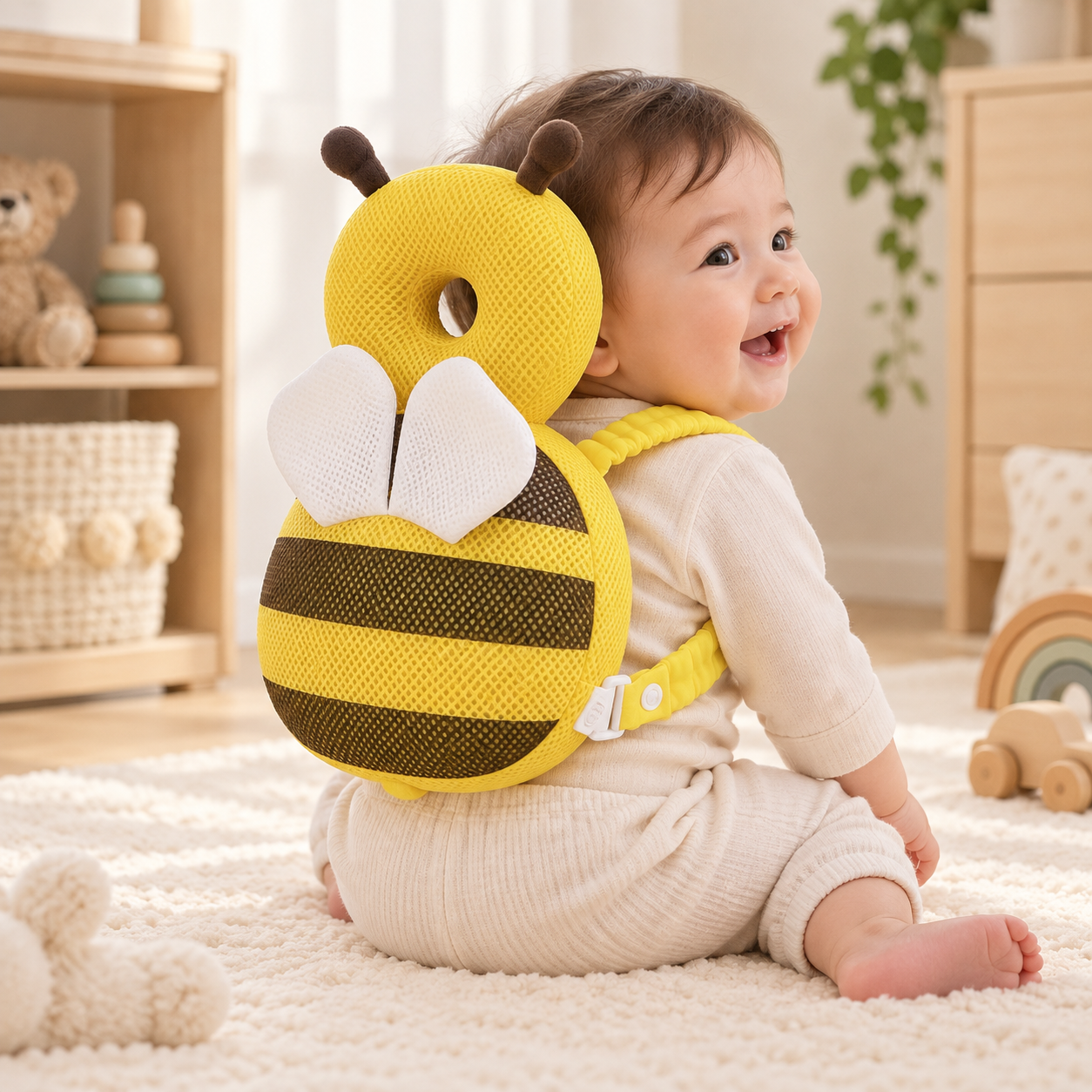 Buzzy Bee cushion worn during supervised nursery play