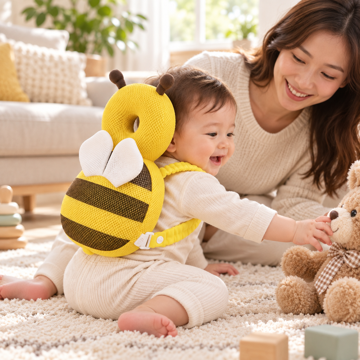 Baby enjoying supervised floor play with a Tovelle cushion